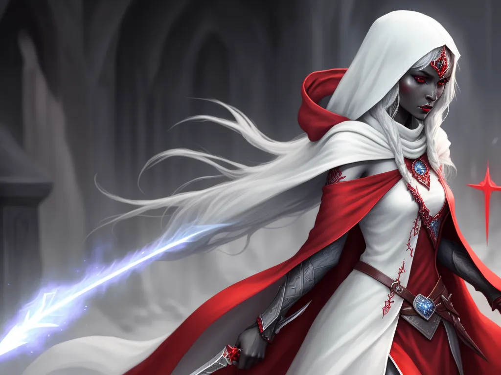 high quality images: female drow, white tunic, red cloak, without