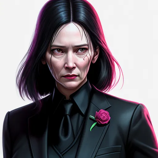 image high - a woman with a rose in her lapel and a black suit on her lapel, with a white background, by Lois van Baarle