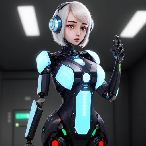 ai website that creates images - a woman in a futuristic suit with headphones on and a hand in her other hand, in a room with lights, by Leiji Matsumoto