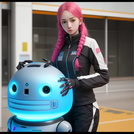 text-to-image ai free - a woman with pink hair standing next to a robot with a pink wig and a black jacket on and a white and blue robot, by Chen Daofu