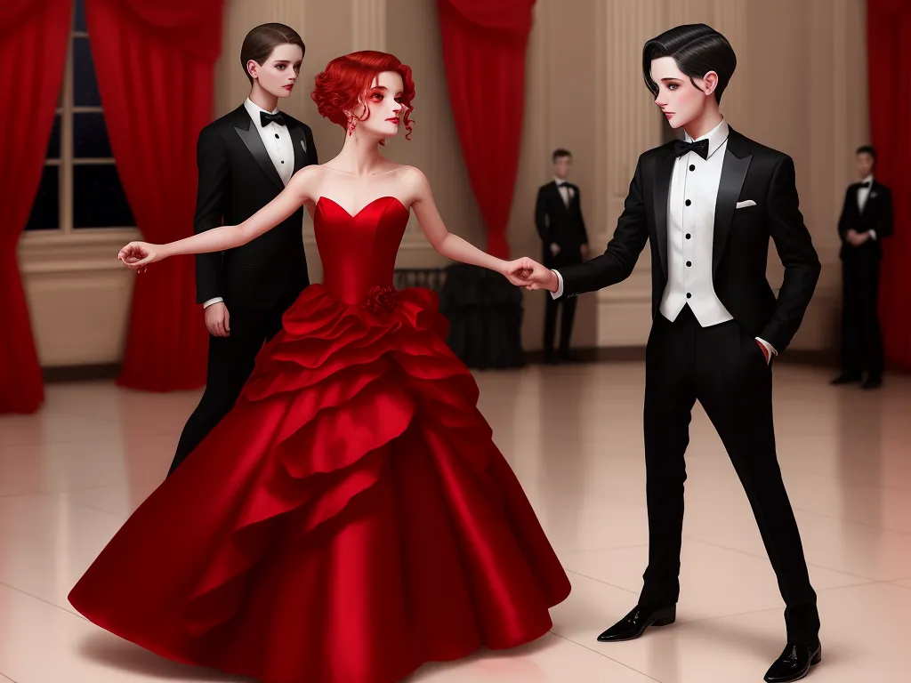 how to change resolution of image - a man and a woman in formal wear dancing in a ballroom with red curtains and red curtains behind them, by Lois van Baarle