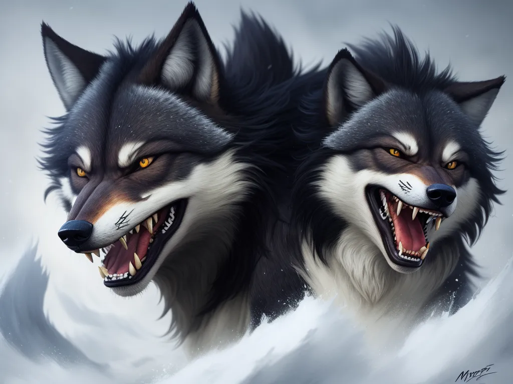 make image higher resolution - two wolfs with their mouths open and their teeth showing, with snow on the ground and a sky background, by Jeff Simpson
