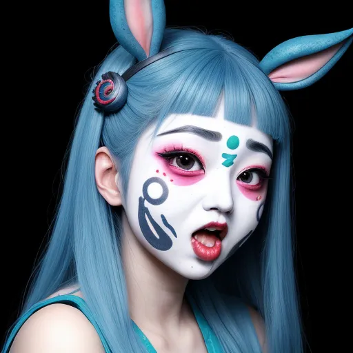 generate photo from text - a woman with blue hair and bunny ears painted on her face and nose, with a bunny ears on her head, by Terada Katsuya