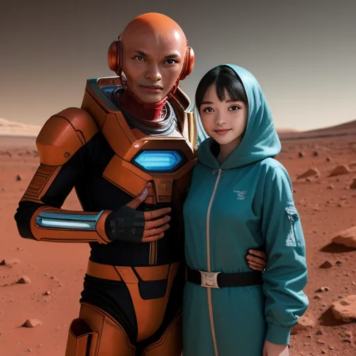 high resolution - a woman and a man in a space suit pose for a picture in the desert with a robot in the background, by Terada Katsuya