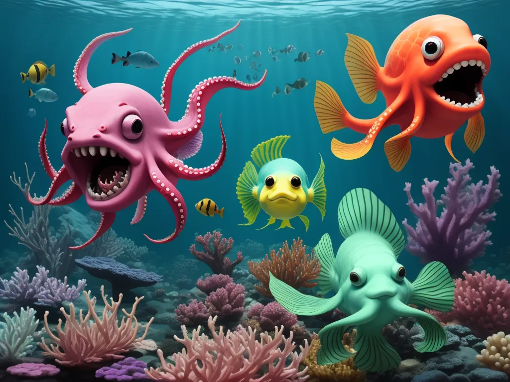 a group of fish swimming in a sea with corals and other sea life around them, with a large open mouth, by Pixar Concept Artists