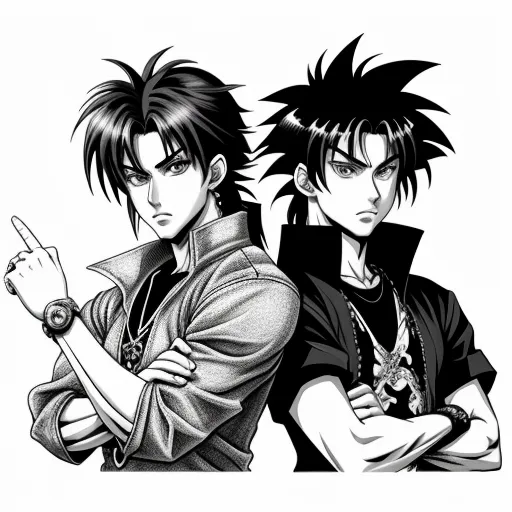 two anime characters with their arms crossed and pointing at something in the air, with one pointing at the camera, by Baiōken Eishun