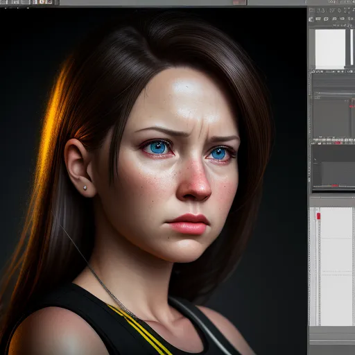 a woman with blue eyes and a black top is shown in a photo in adobe adobe, and is looking at the camera, by Lois van Baarle