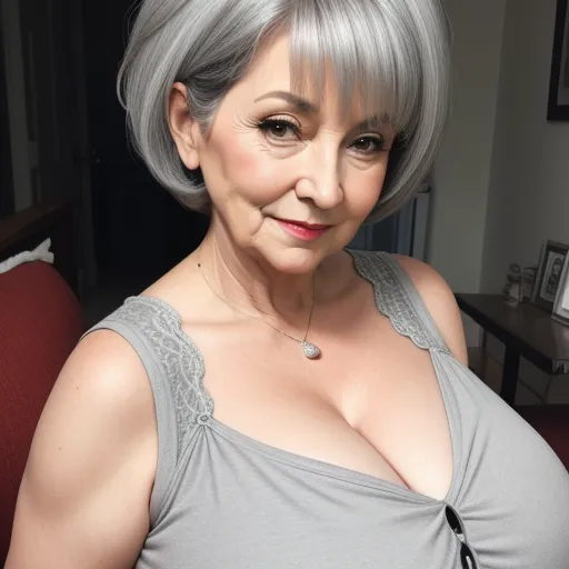 enlarge image - a woman with a grey top and a necklace on her neck and chest is posing for a picture in a room, by Billie Waters
