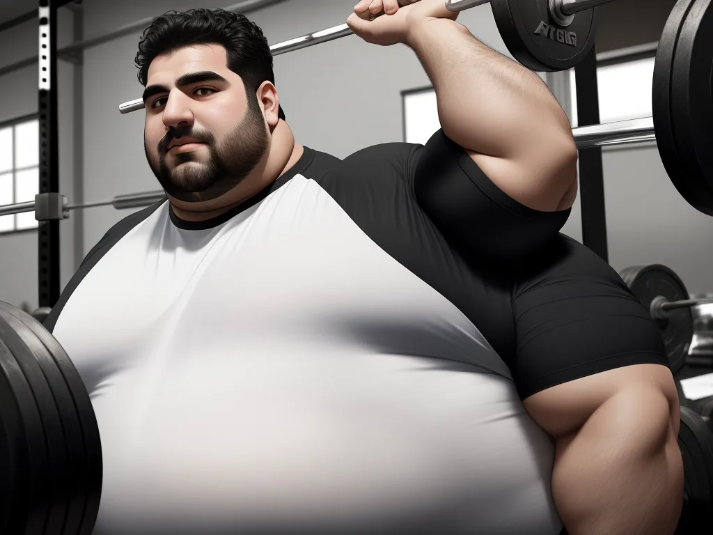 imagesize converter - a man with a big belly lifting a barbell in a gym room with a window behind him and a barbell in the foreground, by Botero