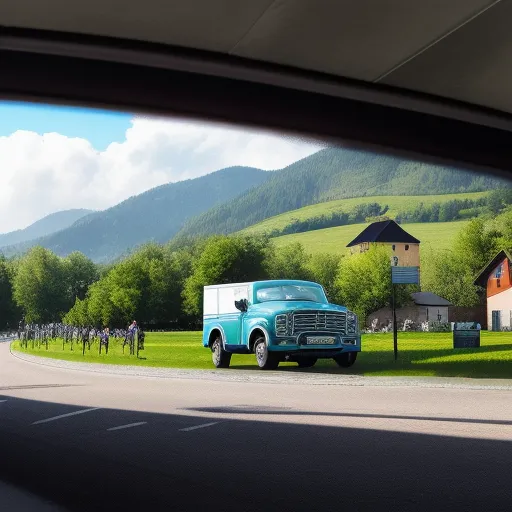 a blue truck parked on the side of a road near a lush green hillside with a house on the hill, by Simon Stalenhag
