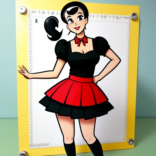 a cartoon of a woman in a red dress with a black hat and a ruler behind her back,, by Osamu Tezuka