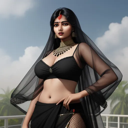 convert photo into 4k - a woman in a black dress and veil posing for a picture with palm trees in the background and a blue sky, by Raja Ravi Varma