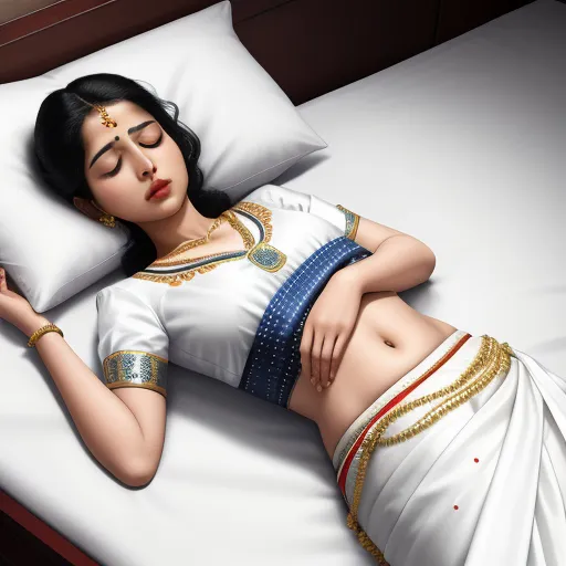 generate photo from text - a woman in a white sari laying on a bed with a pillow and a pillow case on her side, by Raja Ravi Varma