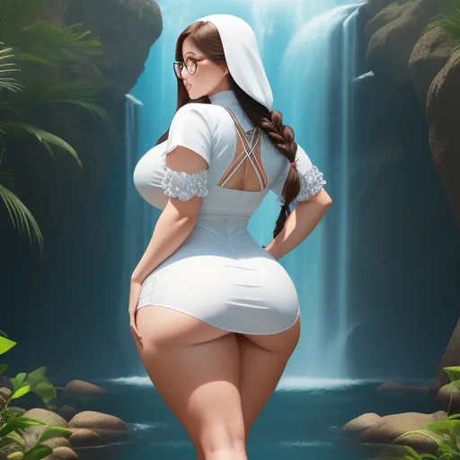 image resolution - a woman in a white dress standing in front of a waterfall with a hood on her head and a white dress on her body, by Hayao Miyazaki