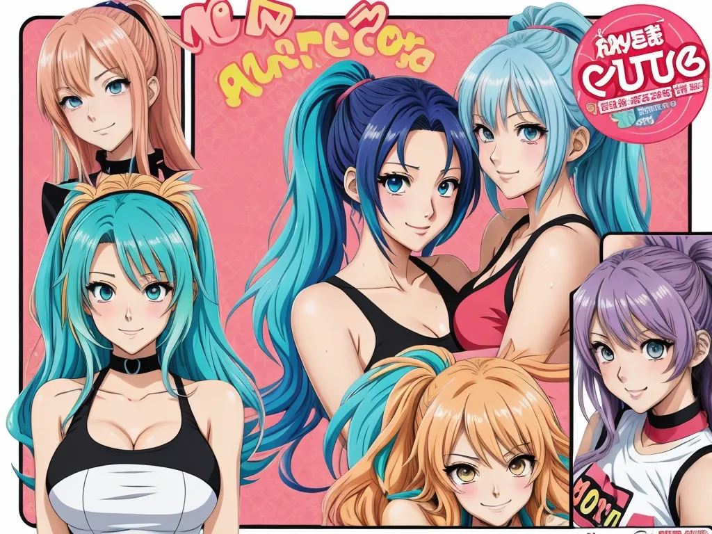 a group of anime girls with long hair and blue hair, with different colors and sizes of hair, and a pink background, by Toei Animations