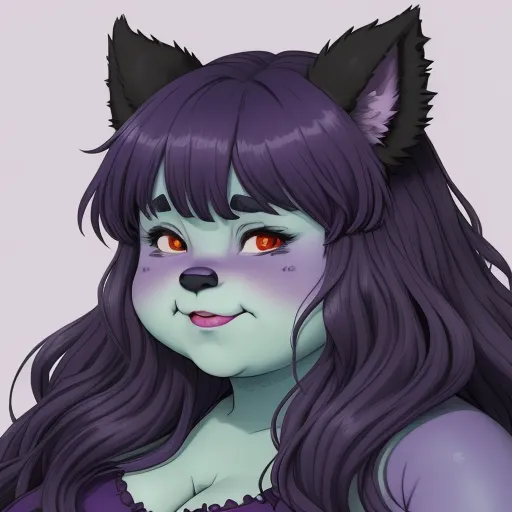 a cartoon character with long hair and a cat's head on her chest, wearing a purple dress, by Lois van Baarle