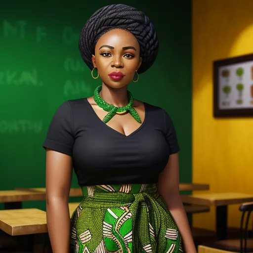 ai text to image generator - a woman in a green dress standing in front of a green chalkboard with a green chalkboard behind her, by Kehinde Wiley