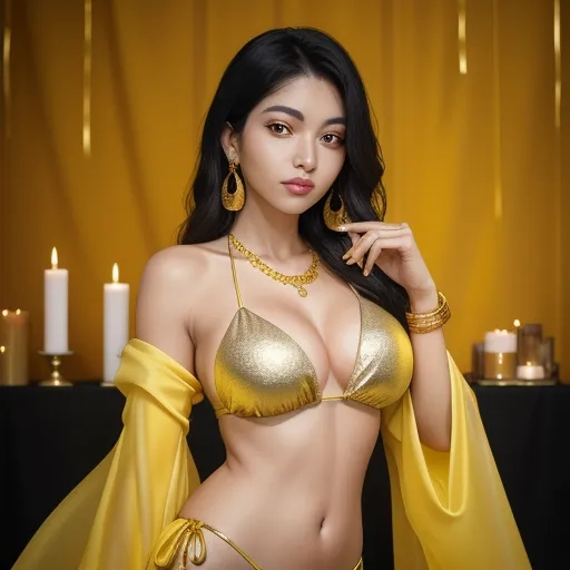 a woman in a gold bikini top and gold jewelry posing for a picture with candles in the background and a curtain behind her, by Terada Katsuya