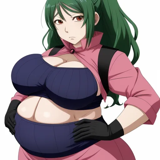 a woman with green hair and a pink shirt is posing for a picture with her hands on her hips, by Hiromu Arakawa