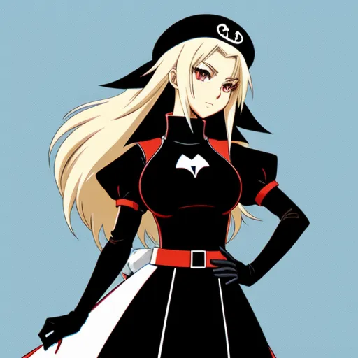 a cartoon girl in a black and white uniform with a red belt and a black hat and a white and red dress, by Hiromu Arakawa