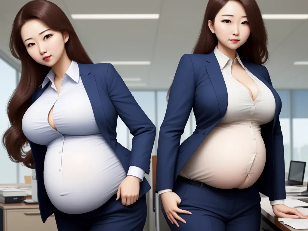 a pregnant woman in a suit and a woman in a white shirt and tie are standing in an office, by Terada Katsuya