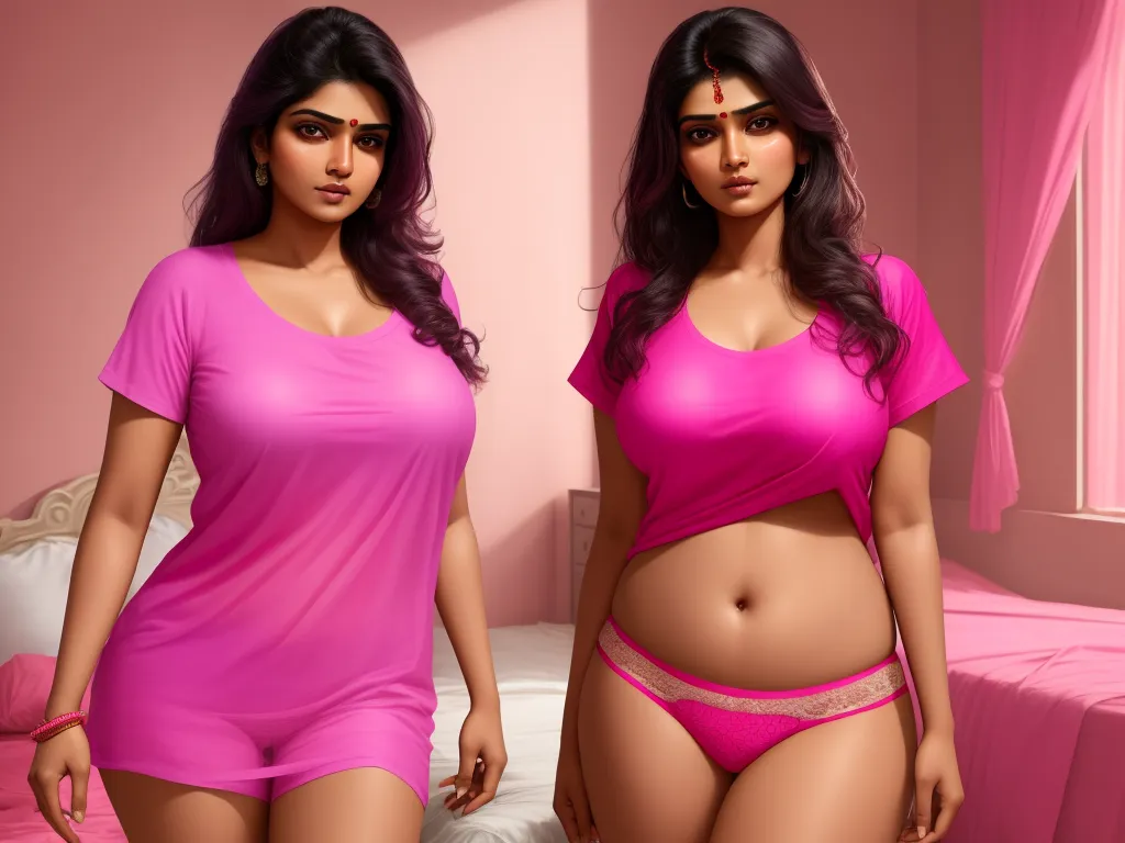 how to make a photo high resolution - two women in pink lingerie standing next to each other in a bedroom with pink walls and a pink bed, by Raja Ravi Varma