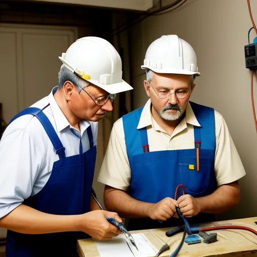 two men in hard hats are working on a project together on a table with wires and wires attached to the board, by Hendrik van Steenwijk I