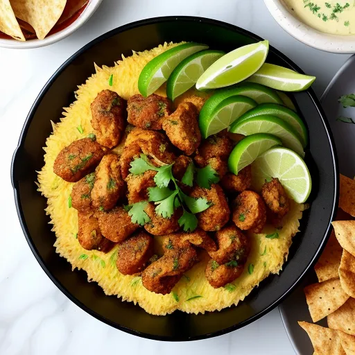 a plate of food with meatballs and guacamole and chips on the side with salsa and limes, by Hendrik van Steenwijk I