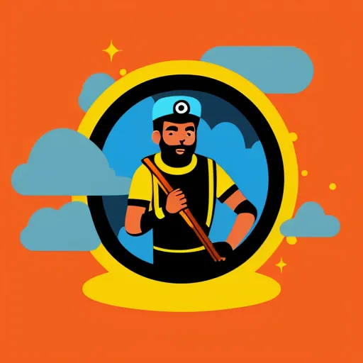 a man with a broom in his hand and clouds in the background, in a flat style, on a yellow background, by Tom Whalen