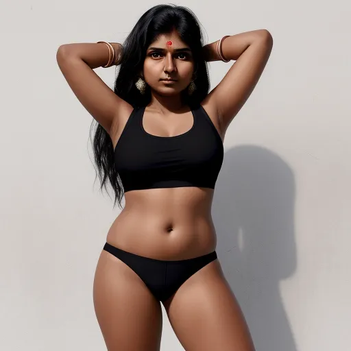 4k photo converter online - a woman in a black bikini top and panties posing for a picture with her hands on her head and her right hand on her head, by Raja Ravi Varma