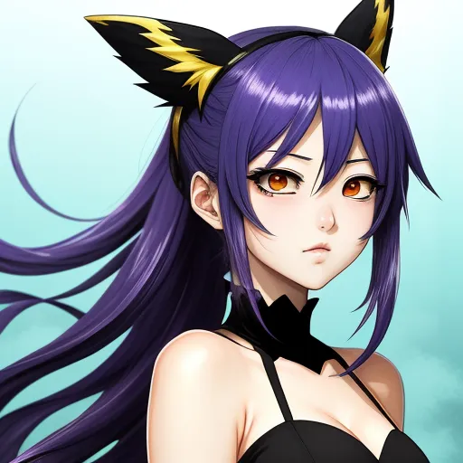 a anime girl with long purple hair and a cat ears on her head, wearing a black dress and black stockings, by Toei Animations