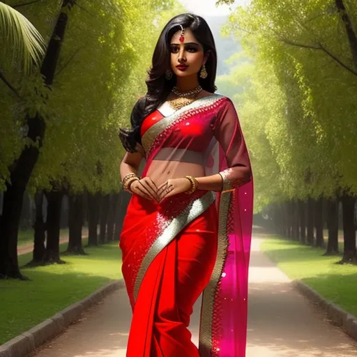 a woman in a red sari and a pink sari is standing on a path in a park, by Hendrik van Steenwijk I