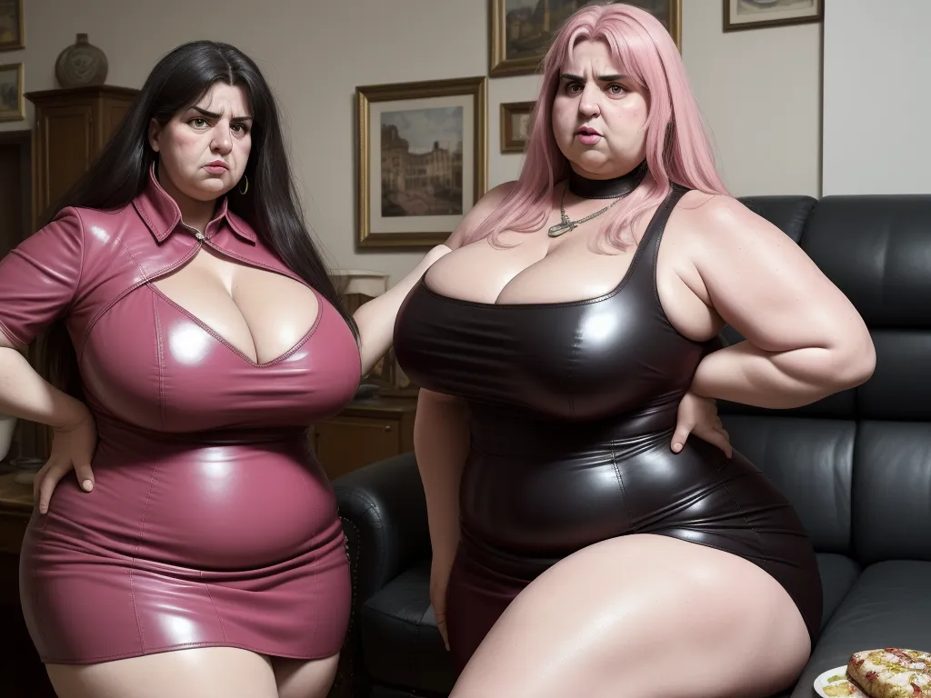 two women in leather dresses posing for a picture together in a living room with a couch and a table, by Botero