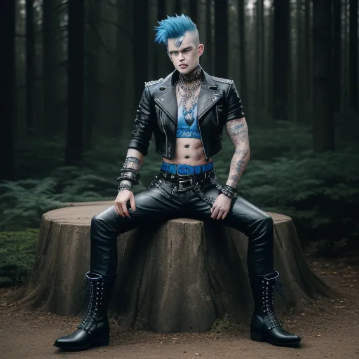 a man with blue hair sitting on a stump in the woods wearing a leather jacket and boots with a blue tattoo on his chest, by Dan Smith