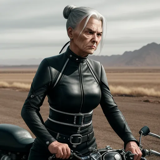 a woman in a leather outfit standing next to a motorcycle in the desert with mountains in the background and a cloudy sky, by Filip Hodas