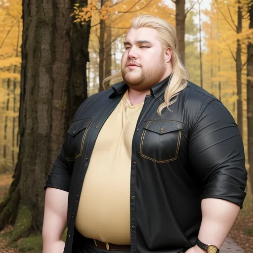 a man with a big belly standing in a forest with trees in the background and a yellow shirt on, by Sailor Moon