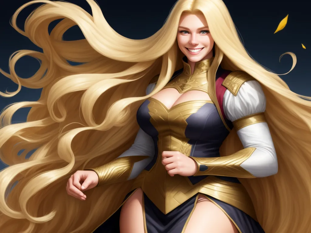a woman with long blonde hair and a golden outfit is smiling and posing for a picture with her hair blowing in the wind, by theCHAMBA