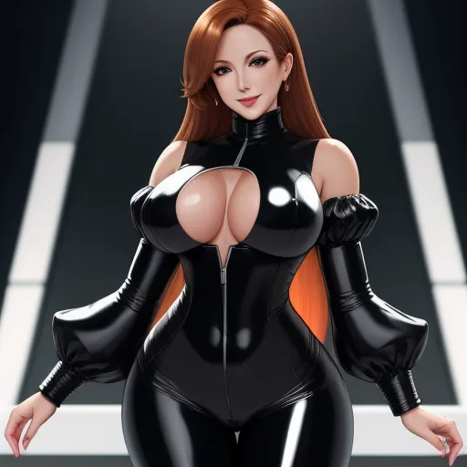 a woman in a black catsuit with a big breast and a cleavage - baring body, posing for a picture, by Osamu Tezuka