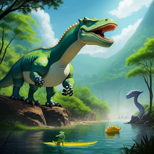 best photo ai enhancer - a dinosaur is standing on a rock by a lake with a yellow boat in the water and another dinosaur is standing on a rock, by Mary Anning