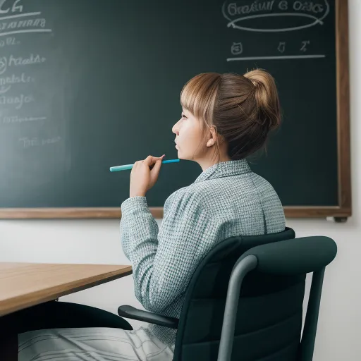 a woman sitting at a desk with a pen in her mouth and writing on a chalkboard behind her, by Terada Katsuya