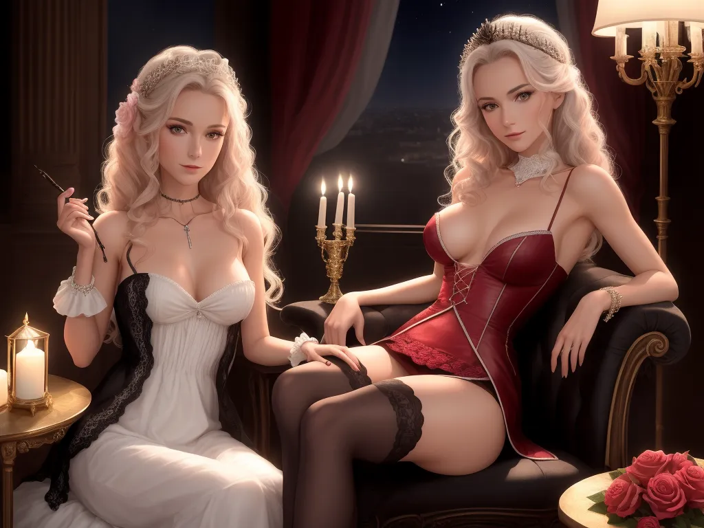 high quality pictures online - two women in lingerie sitting on a chair in a room with candles and roses on the table and a candlelight, by Sailor Moon