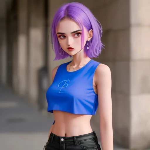 image to pixel converter - a woman with purple hair and a blue top is standing on a sidewalk with a building in the background, by Akira Toriyama