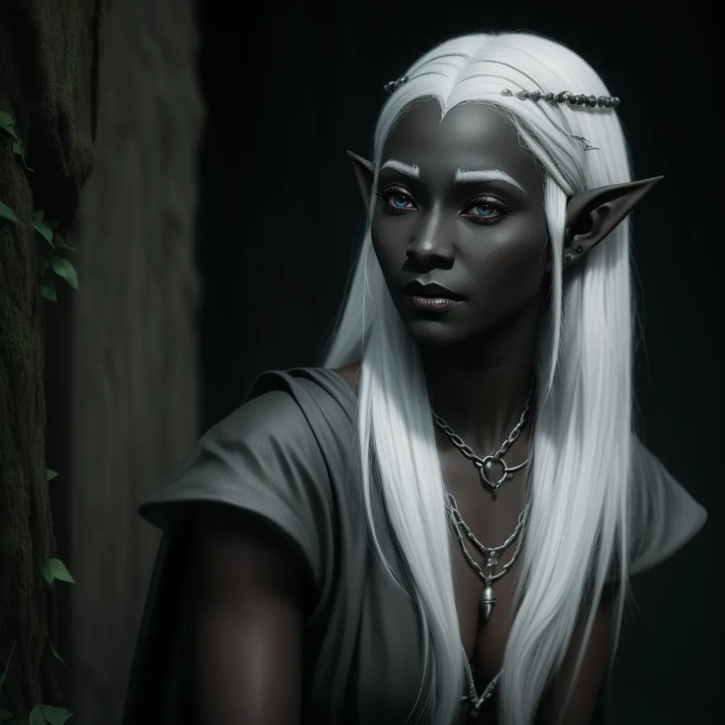 ai upscaler - a woman with white hair and a white elf makeup is standing in a dark forest with a tree trunk, by Lois van Baarle