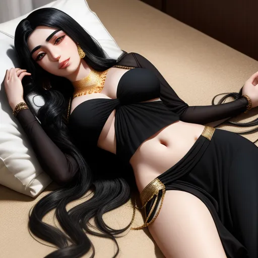 a woman in a black dress laying on a bed with a pillow and a pillow case on it's side, by Sailor Moon