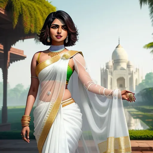 a woman in a white sari with gold accents and a green blouse on her shoulders and a white building in the background, by Raja Ravi Varma