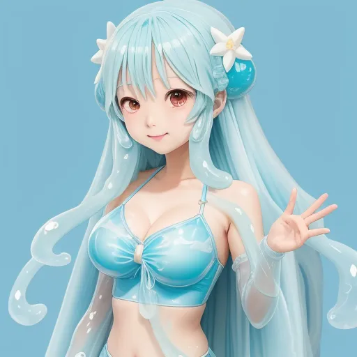 text ai image generator - a woman in a blue bikini top and panties with a blue hair and a flower in her hair, with a blue background, by Hanabusa Itchō