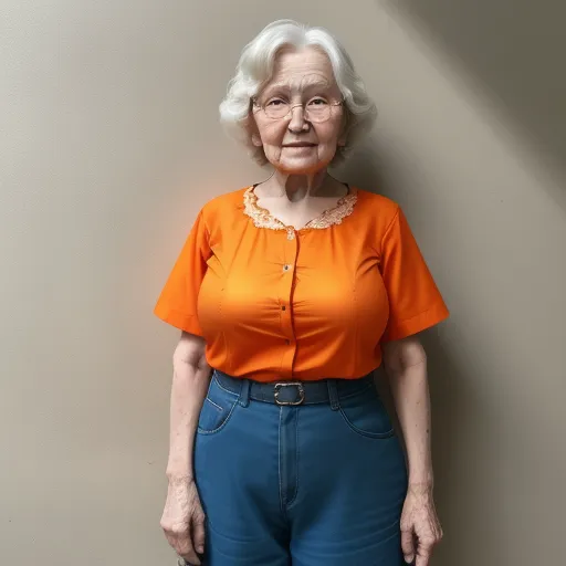 a woman in an orange shirt and blue pants posing for a picture with her hands on her hips and her eyes closed, by Alec Soth