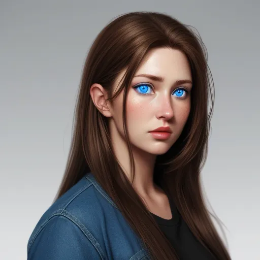 ai text to image generator - a woman with long brown hair and blue eyes is shown in this image, she has long brown hair and blue eyes, by Lois van Baarle