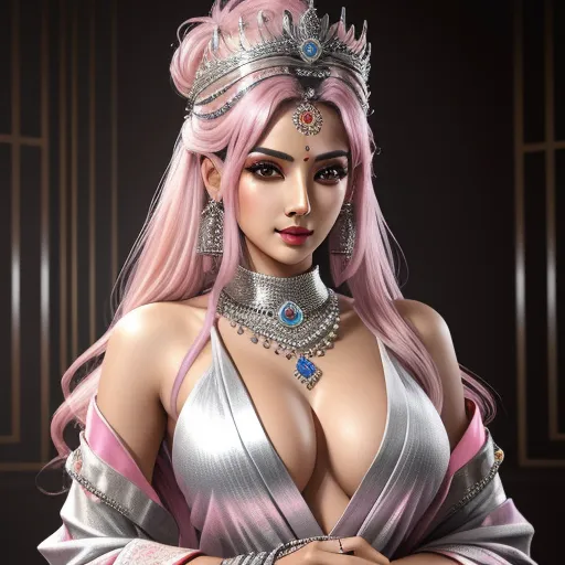 how to make image higher resolution - a woman with pink hair wearing a tiara and a dress with a diamond necklace and earrings on her head, by Chen Daofu