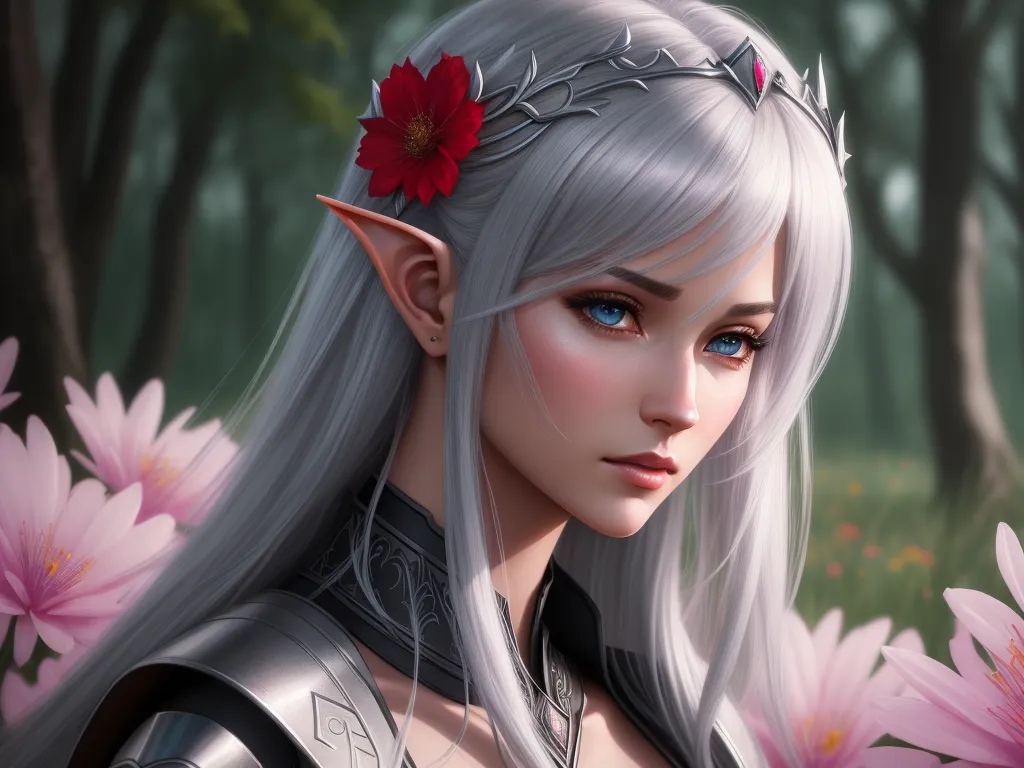 image resolution enhancer - a woman with white hair and a flower in her hair and a red flower in her hair and a red flower in her hair, by Daniela Uhlig